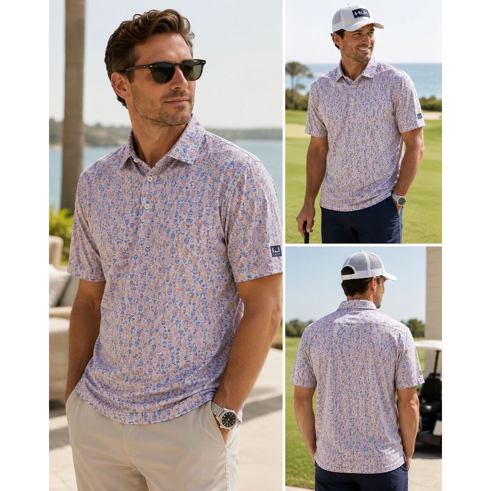 HUK Men’s L Cocktail Drink Print Performance Polo Shirt Golf Fishing Stretch